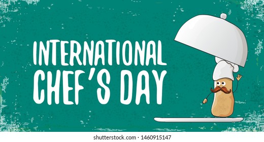 International chef day greeting card or horizontal banner. vector funny cartoon tiny brown smiling chef potato with hat isolated on grunge azure horizontal background.