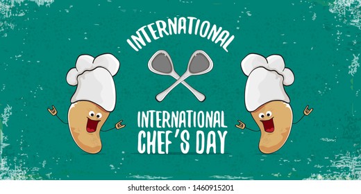 International chef day greeting card or horizontal banner. vector funny cartoon tiny brown smiling chef potato with hat isolated on grunge azure horizontal background.