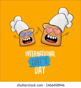 International chef day greeting card or banner with vector funny cartoon chef bread with cheaf hat isolated on orange background.