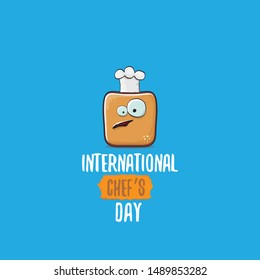 international chef day greeting card or banner with vector funny cartoon chef bread with cheaf hat isolated on blue background.
