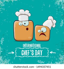 international chef day greeting card or banner with vector funny cartoon chef bread with cheaf hat isolated on grunge turquoise background.