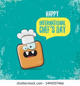 international chef day greeting card or banner with vector funny cartoon chef bread with cheaf hat isolated on grunge turquoise background.