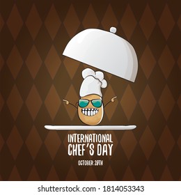 International chef day greeting card or banner. vector funny cartoon tiny brown smiling chef potato with chef hat isolated on brown background.