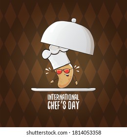International chef day greeting card or banner. vector funny cartoon tiny brown smiling chef potato with chef hat isolated on brown background.
