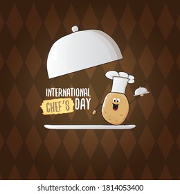 International chef day greeting card or banner. vector funny cartoon tiny brown smiling chef potato with chef hat isolated on brown background.