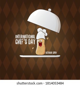 International chef day greeting card or banner. vector funny cartoon tiny brown smiling chef potato with chef hat isolated on brown background.