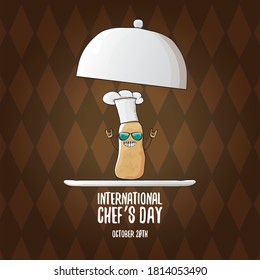 International chef day greeting card or banner. vector funny cartoon tiny brown smiling chef potato with chef hat isolated on brown background.