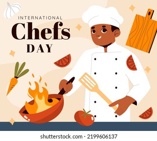 International Chef Day Poster Design illustration, Chefs Day holiday minimalist vector web banner, border, background, poster. Border banner illustration with lettering Chefs Day. One continuous line 