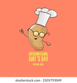 International chef day vector greeting card. vector funny cartoon tiny brown smiling chef potato with hat isolated on peach color background. Potato character