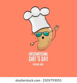 International chef day vector greeting card. vector funny cartoon tiny brown smiling chef potato with hat isolated on peach color background. Potato character