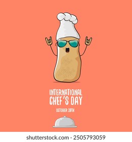 Tarjeta de felicitación del Vector del día internacional del chef. Vector divertido de dibujos animados pequeña patata de chef sonriente marrón con sombrero aislado en el fondo de color de melocotón. Carácter de patata