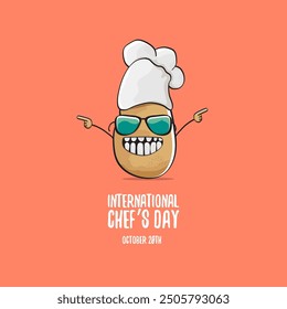 International chef day vector greeting card. vector funny cartoon tiny brown smiling chef potato with hat isolated on peach color background. Potato character