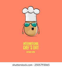 International chef day vector greeting card. vector funny cartoon tiny brown smiling chef potato with hat isolated on peach color background. Potato character