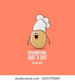 International chef day vector greeting card. vector funny cartoon tiny brown smiling chef potato with hat isolated on peach color background. Potato character