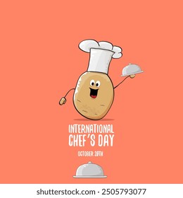 International chef day vector greeting card. vector funny cartoon tiny brown smiling chef potato with hat isolated on peach color background. Potato character