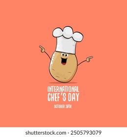 International chef day vector greeting card. vector funny cartoon tiny brown smiling chef potato with hat isolated on peach color background. Potato character