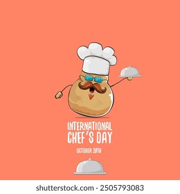 International chef day vector greeting card. vector funny cartoon tiny brown smiling chef potato with hat isolated on peach color background. Potato character