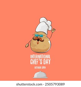 International chef day vector greeting card. vector funny cartoon tiny brown smiling chef potato with hat isolated on peach color background. Potato character
