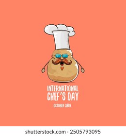 International chef day vector greeting card. vector funny cartoon tiny brown smiling chef potato with hat isolated on peach color background. Potato character
