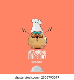 International chef day vector greeting card. vector funny cartoon tiny brown smiling chef potato with hat isolated on peach color background. Potato character