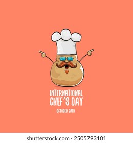 International chef day vector greeting card. vector funny cartoon tiny brown smiling chef potato with hat isolated on peach color background. Potato character