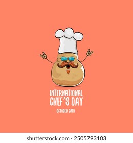 International chef day vector greeting card. vector funny cartoon tiny brown smiling chef potato with hat isolated on peach color background. Potato character