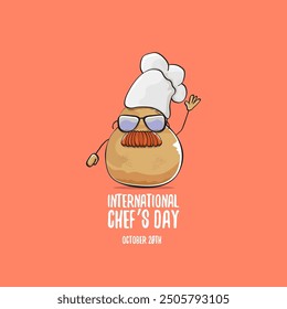 International chef day vector greeting card. vector funny cartoon tiny brown smiling chef potato with hat isolated on peach color background. Potato character