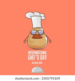 International chef day vector greeting card. vector funny cartoon tiny brown smiling chef potato with hat isolated on peach color background. Potato character