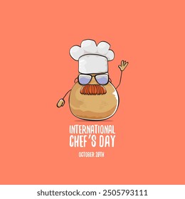 Tarjeta de felicitación del Vector del día internacional del chef. Vector divertido de dibujos animados pequeña patata de chef sonriente marrón con sombrero aislado en el fondo de color de melocotón. Carácter de patata