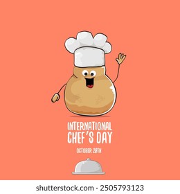 International chef day vector greeting card. vector funny cartoon tiny brown smiling chef potato with hat isolated on peach color background. Potato character