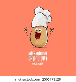 International chef day vector greeting card. vector funny cartoon tiny brown smiling chef potato with hat isolated on peach color background. Potato character