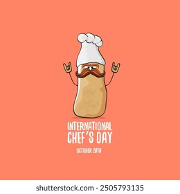 International chef day vector greeting card. vector funny cartoon tiny brown smiling chef potato with hat isolated on peach color background. Potato character