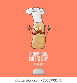 Tarjeta de felicitación del Vector del día internacional del chef. Vector divertido de dibujos animados pequeña patata de chef sonriente marrón con sombrero aislado en el fondo de color de melocotón. Carácter de patata