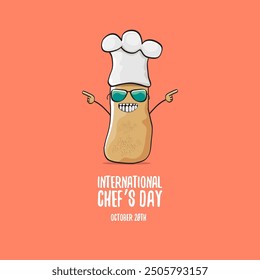 International chef day vector greeting card. vector funny cartoon tiny brown smiling chef potato with hat isolated on peach color background. Potato character