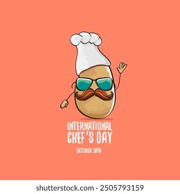 International chef day vector greeting card. vector funny cartoon tiny brown smiling chef potato with hat isolated on peach color background. Potato character