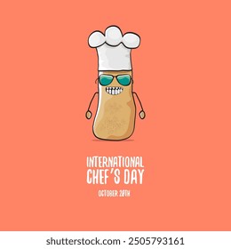 Tarjeta de felicitación del Vector del día internacional del chef. Vector divertido de dibujos animados pequeña patata de chef sonriente marrón con sombrero aislado en el fondo de color de melocotón. Carácter de patata