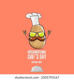 International chef day vector greeting card. vector funny cartoon tiny brown smiling chef potato with hat isolated on peach color background. Potato character