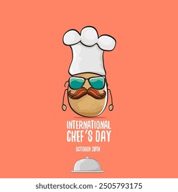 International chef day vector greeting card. vector funny cartoon tiny brown smiling chef potato with hat isolated on peach color background. Potato character