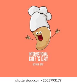 International chef day vector greeting card. vector funny cartoon tiny brown smiling chef potato with hat isolated on peach color background. Potato character