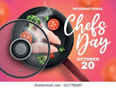 International chefs day composition chicken breasts with vegetables stewed in a pan vector illustration