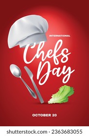 International chefs day poster vector illustration with chefs hat fork knife and lettuce leaf on red background vector illustration