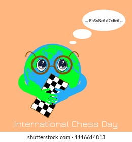 International Chess Day. 20 July. Concept of a game event. Planet Earth is a boy with glasses holding a chessboard. Thinks about chess moves