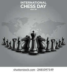 international chess day 20 july 2024 all chess piecess in black color  with world map background