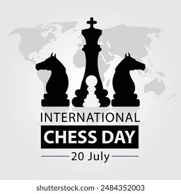 International chess day 20 july greeting with chess figures and chessboard as background stock vector illustration. Graphic stylish, elegant, decoration. Banner, template, card design