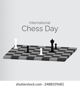 International Chess Day 20 July greeting with chess figures and chessboard as background stock vector illustration. 3D Chess board.