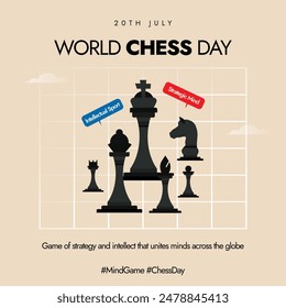 International Chess day. 20th July chess day celebration banner, social media post with chess board, pieces. The day is to commemorate the founding of the International Chess Federation (FIDE) in 1924