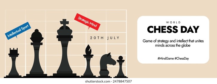 International Chess day. 20th July chess day celebration cover banner, post with chess board, pieces. The day is to commemorate the founding of the International Chess Federation (FIDE) in 1924.