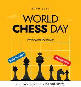 International Chess day. 20th July World Chess day celebration banner with silhouette chess board and pieces. The game challenges players mentally while also breaking down barriers through centuries.