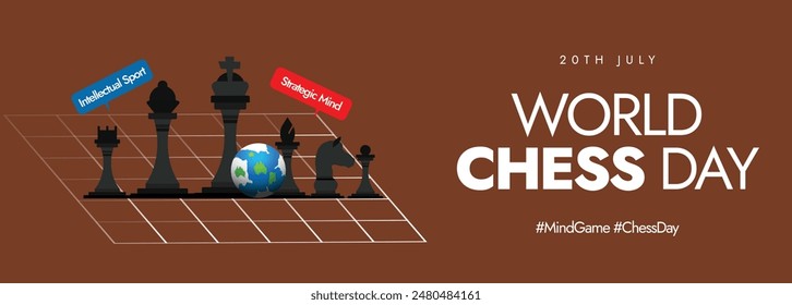 International chess day. 20th July World chess day celebration cover banner with its pieces, pattern and earth globe on dark brown background. Speech bubble of intellectual sport, strategic mind.