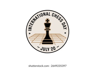 International chess day badge with king piece and rounded border design for board game celebration on july 20